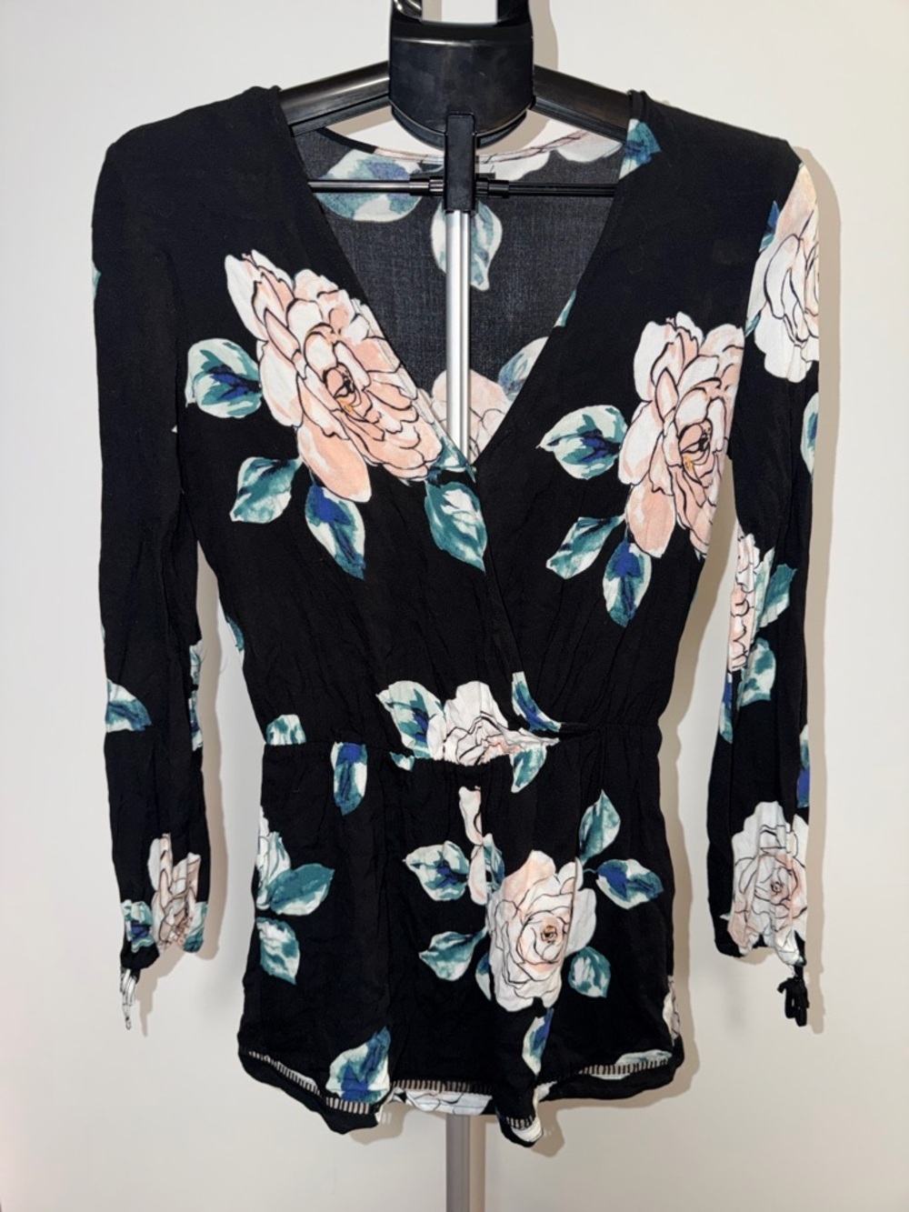 Kendall & Kylie Black Floral Wrap Jumpsuit Top with Pink and White Roses